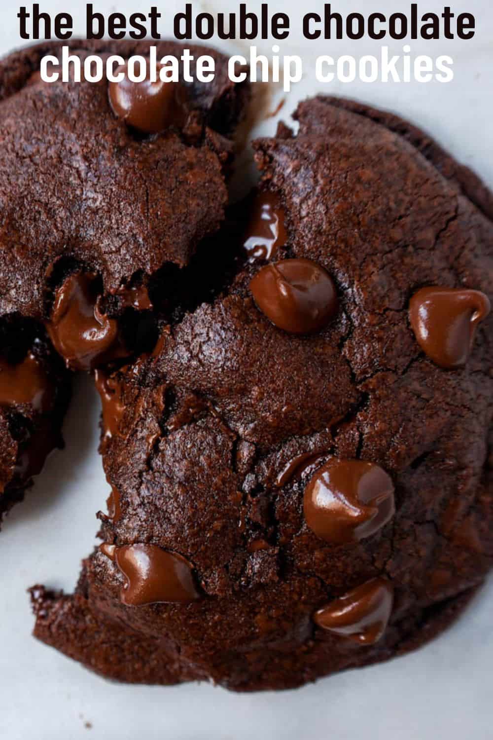 A double chocolate chip cookie split in half with melty chocolate. How to make the best double chocolate chip cookies.