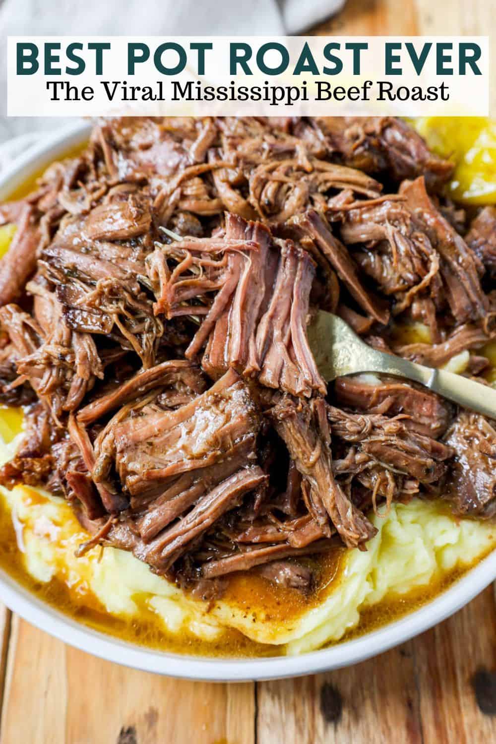 This Mississippi Pot Roast Recipe is the most tender, flavorful, melt-in-your-mouth beef roast recipe and is made with only five ingredients. This is the best beef pot roast recipe ever and is slow cooked in a crockpot.