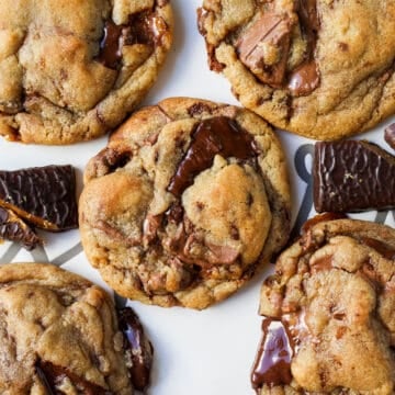 These are the Best Browned Butter Toffee Chocolate Chip Cookies that are perfectly soft and chewy with crisp edges and ooey gooey centers filled with chocolate and toffee chunks.