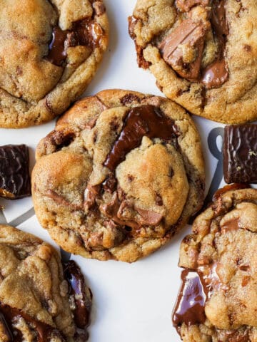 These are the Best Browned Butter Toffee Chocolate Chip Cookies that are perfectly soft and chewy with crisp edges and ooey gooey centers filled with chocolate and toffee chunks.