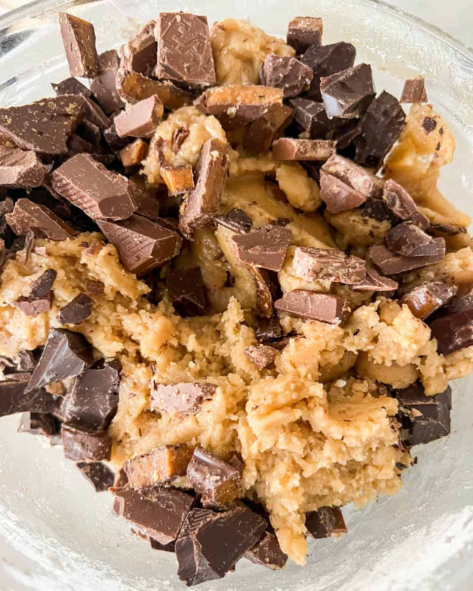 Browned Butter Toffee Chocolate Chip Cookies Dough with chocolate chunks