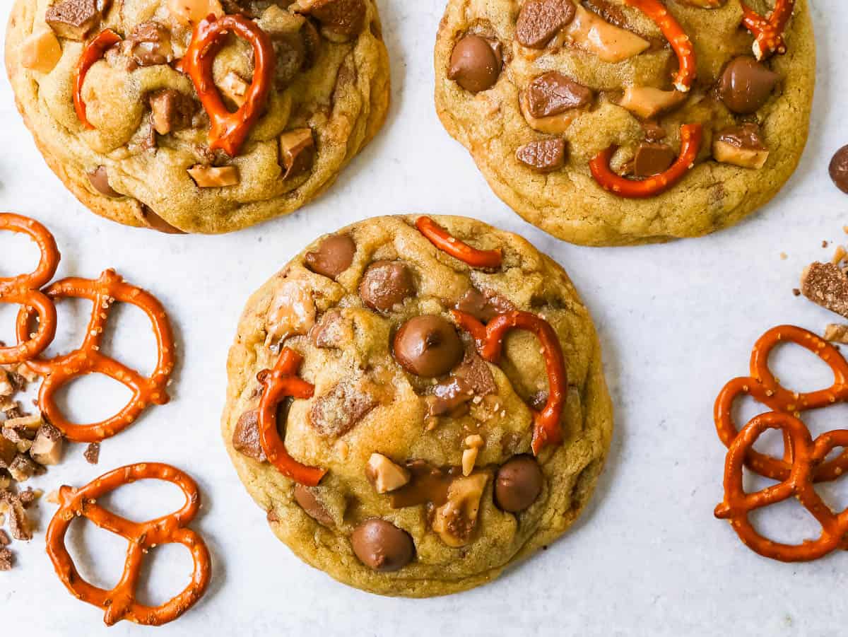 These toffee, chocolate chip, and pretzel cookies are the perfect salty and sweet bakery cookie! Made with buttery chocolate toffee chunks, crunchy salty pretzels, and sweet milk chocolate chips.