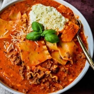 Lasagna Soup. A hearty beef lasagna soup with fresh ricotta cheese, mozzarella, and parmesan cheeses and fresh herbs. An Italian classic made into a comforting soup!