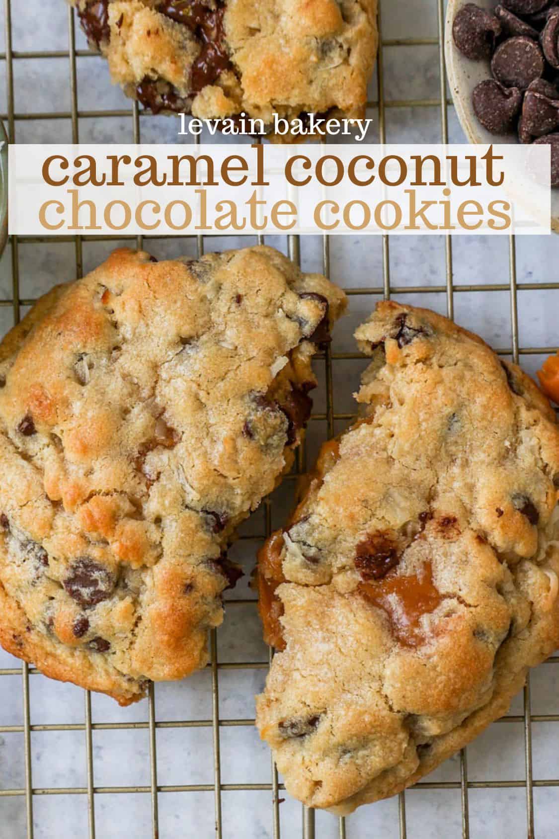 Soft, chewy thick Levain Bakery Caramel Coconut Cookies made with rich caramel, sweet coconut flakes, and semisweet chocolate chips. This seasonal Levain Bakery cookie recipe is the perfect coconut caramel cookie.