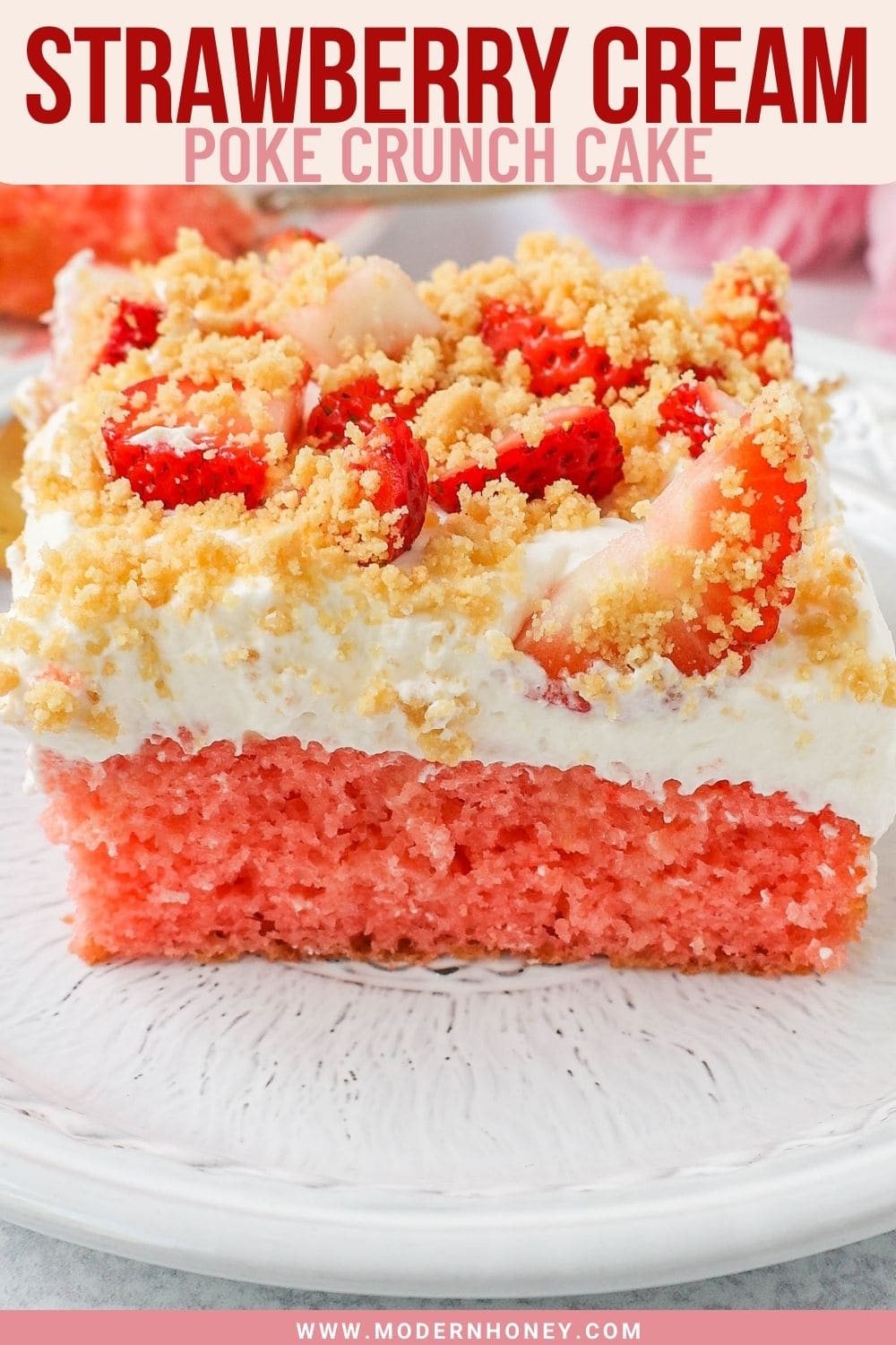 This Strawberry Cream Crunch Cake is a strawberry cake soaked with sweetened condensed milk after baking and topped with fresh sweet whipped cream, fresh strawberries, and crushed golden Oreos for crunch. This strawberry poke cake has it all!