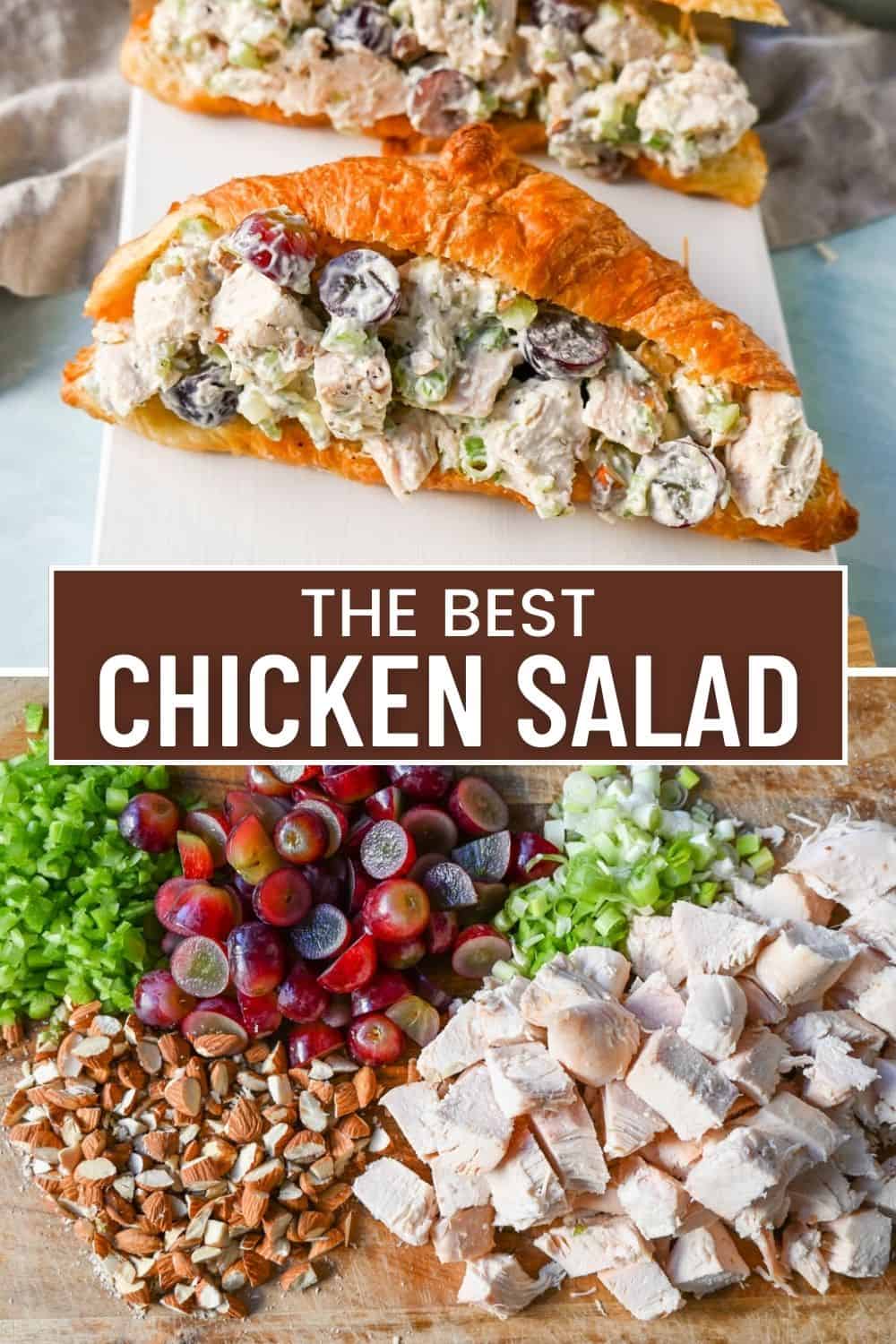 Creamy Homemade Chicken Salad made with tender chicken, crunchy celery, green onion, sweet grapes, and crunchy almonds in a mayonnaise dressing. This is a classic chicken salad recipe that everyone loves and is perfect for a quick lunch or potluck.