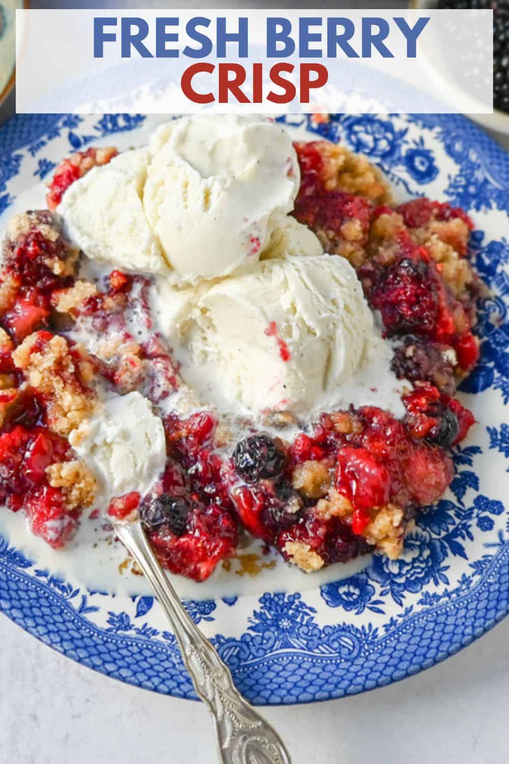 This homemade Berry Crisp is made with fresh Raspberries, Blackberries, Strawberries, and Blueberries and topped with a buttery crumble topping. This berry crumble is the perfect summer dessert.