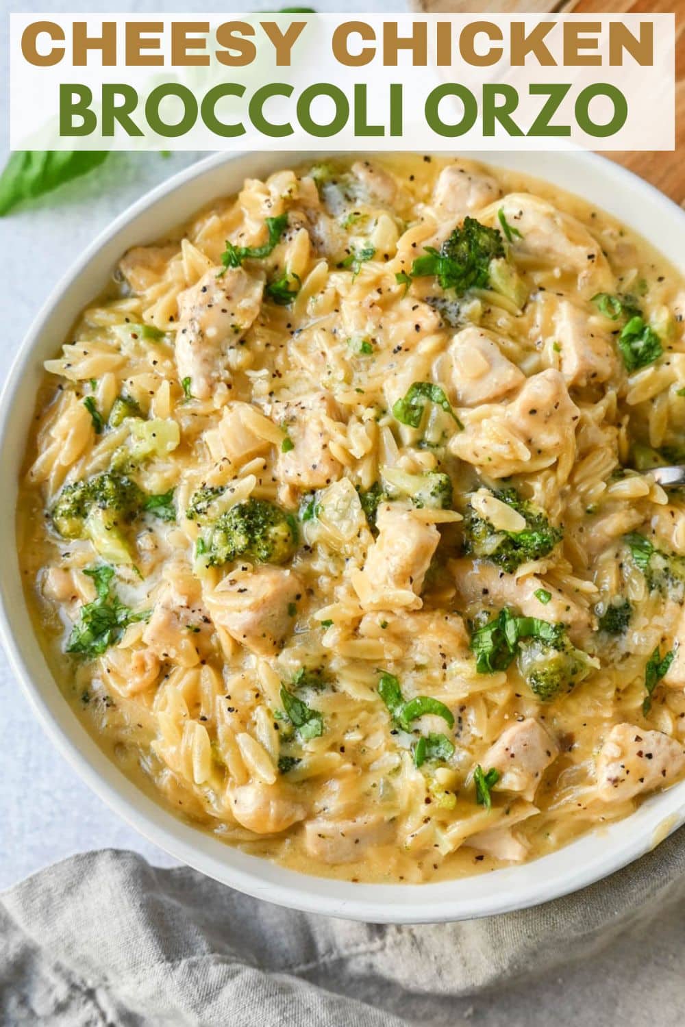 Creamy Chicken Broccoli Orzo made with sauteed chicken, fresh broccoli, orzo pasta in a cheesy sauce. This easy Cheesy Chicken Broccoli Orzo Skillet 30-minute meal is creamy and delicious!