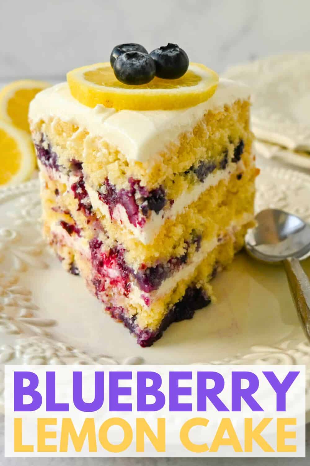 Light, fluffy, moist lemon cake with with fresh blueberries with a sweet cream cheese frosting. This is the best lemon blueberry cake recipe!