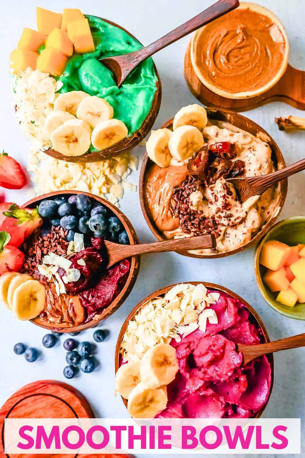 How to make a thick, creamy, fruity smoothie bowl at home. Here are all of the tips and tricks for making the best smoothie bowls. I am sharing 4 smoothie bowl recipes -- acai smoothie bowl, pitaya dragonfruit smoothie bowl, chocolate peanut butter banana smoothie bowl, and blue tropical pineapple coconut smoothie bowl.