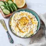 Simple and creamy whipped feta cheese dip is the perfect appetizer! Mediterranean feta cheese is whipped with cream cheese, a touch of mayo, lemon zest, and warm spices. Fresh and tangy, it pairs perfectly with warm pita bread and veggies!