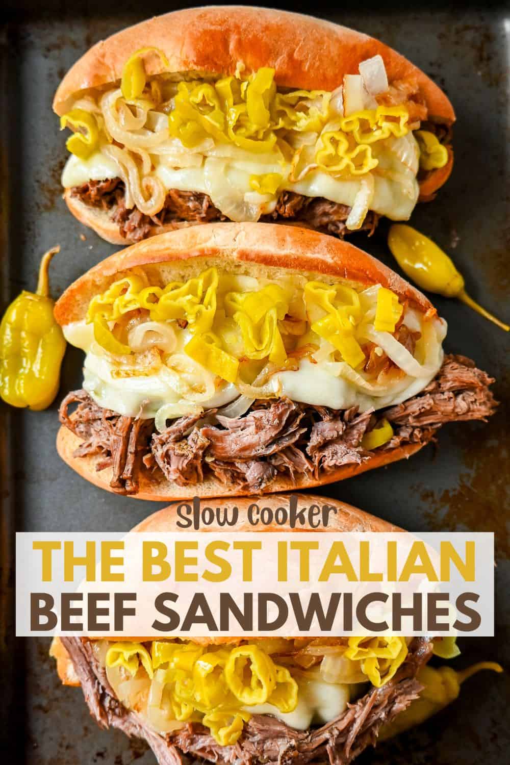 The Best Slow Cooker Italian Beef Sandwiches. These Crockpot Italian Beef Sandwiches are made with flavorful slow cooked beef, shredded to perfection, and placed in a buttered bun, and topped with melted provolone cheese, caramelized onions, and pepperoncini peppers.