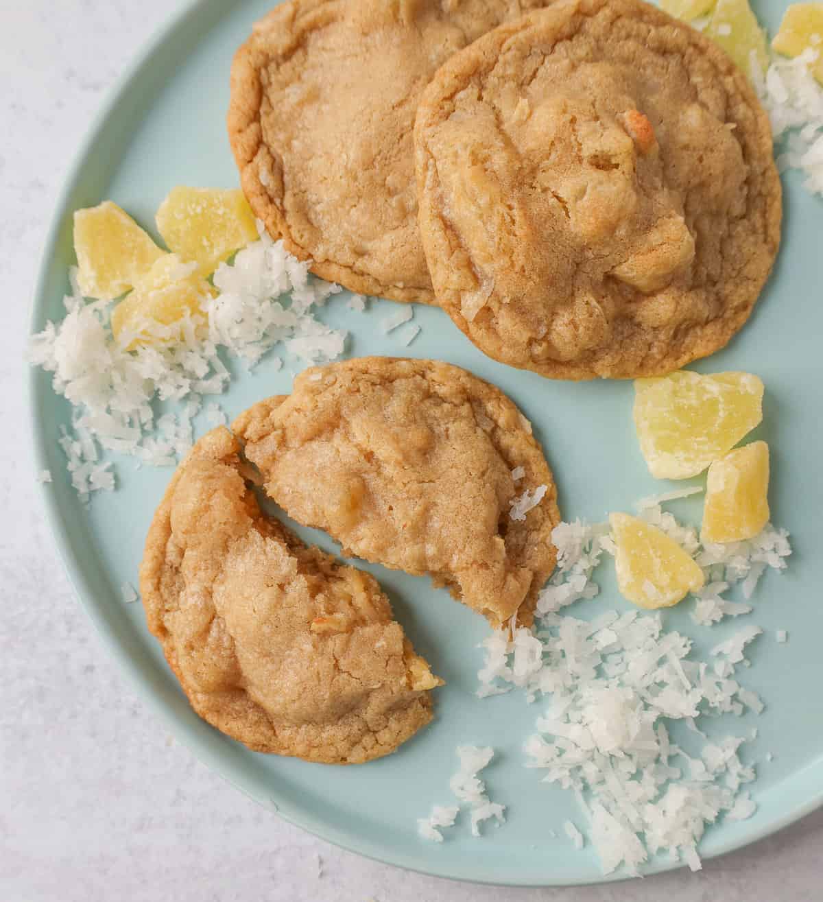 Coconut Pineapple Cookies. Soft chewy pina colada cookies with sweetened dried pineapple and sweet coconut flakes. These Hawaiian Pineapple Coconut Cookies are the perfect summer cookie.