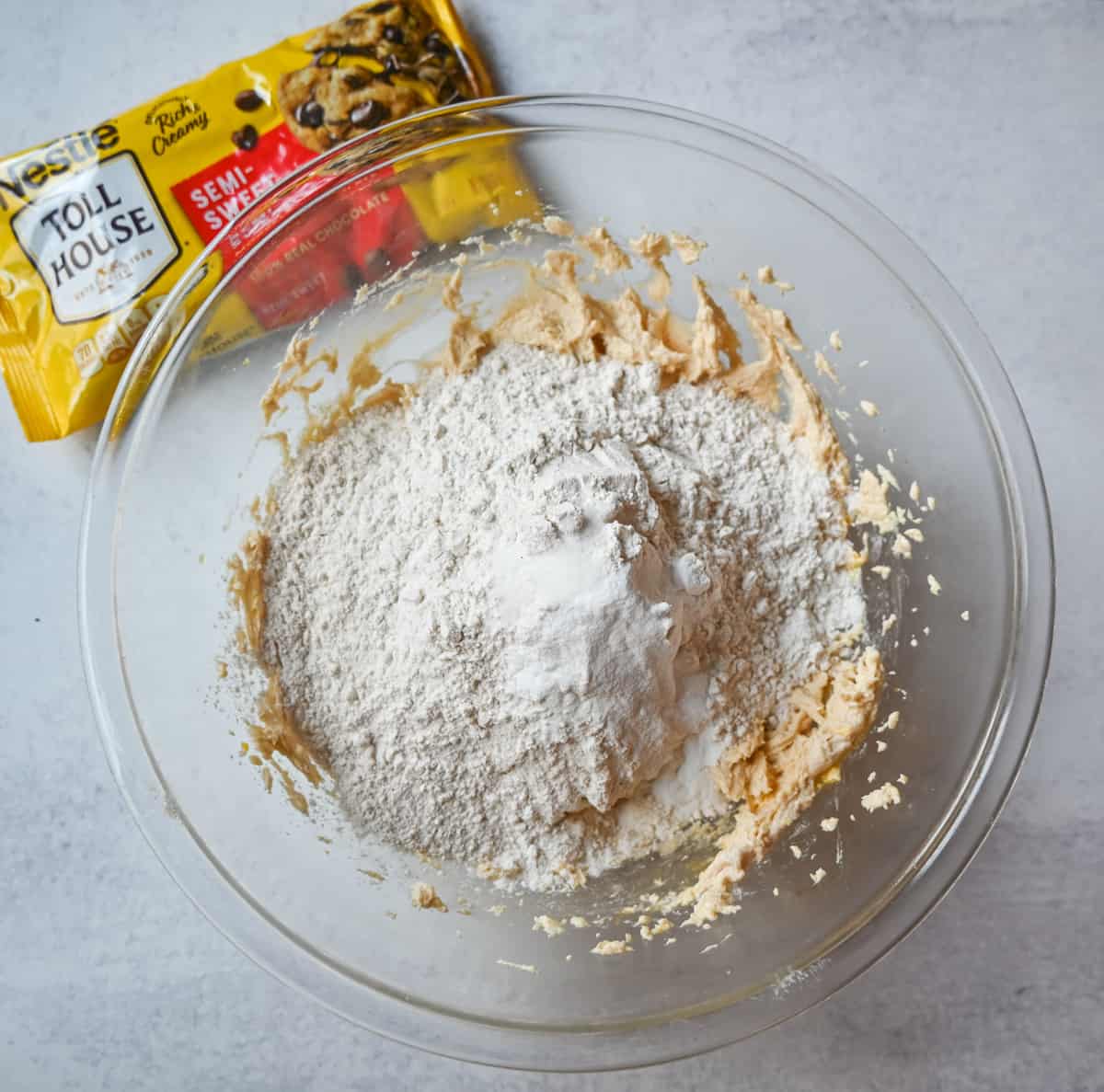 Fold in flour, baking soda, and salt into Nestle Toll House cookie dough