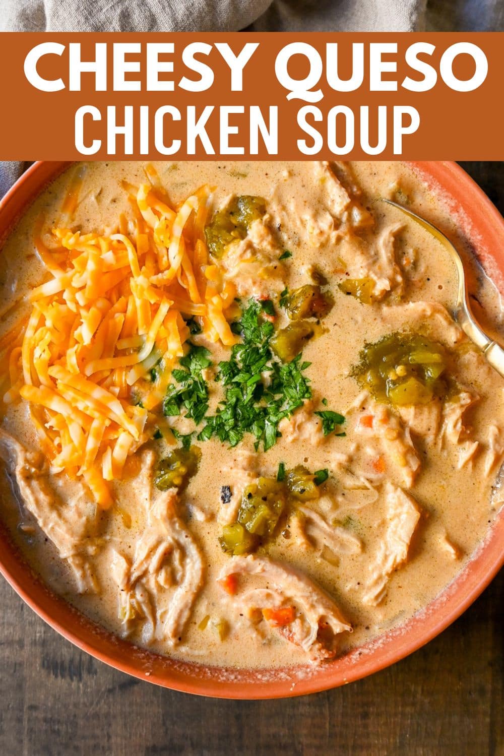 Rich, cheesy chicken queso soup made with three types of cheeses, tender chicken, green chiles, and spices—all the flavors of cheese queso but in a soup! The creamiest, most flavorful Chicken Cheese Soup.