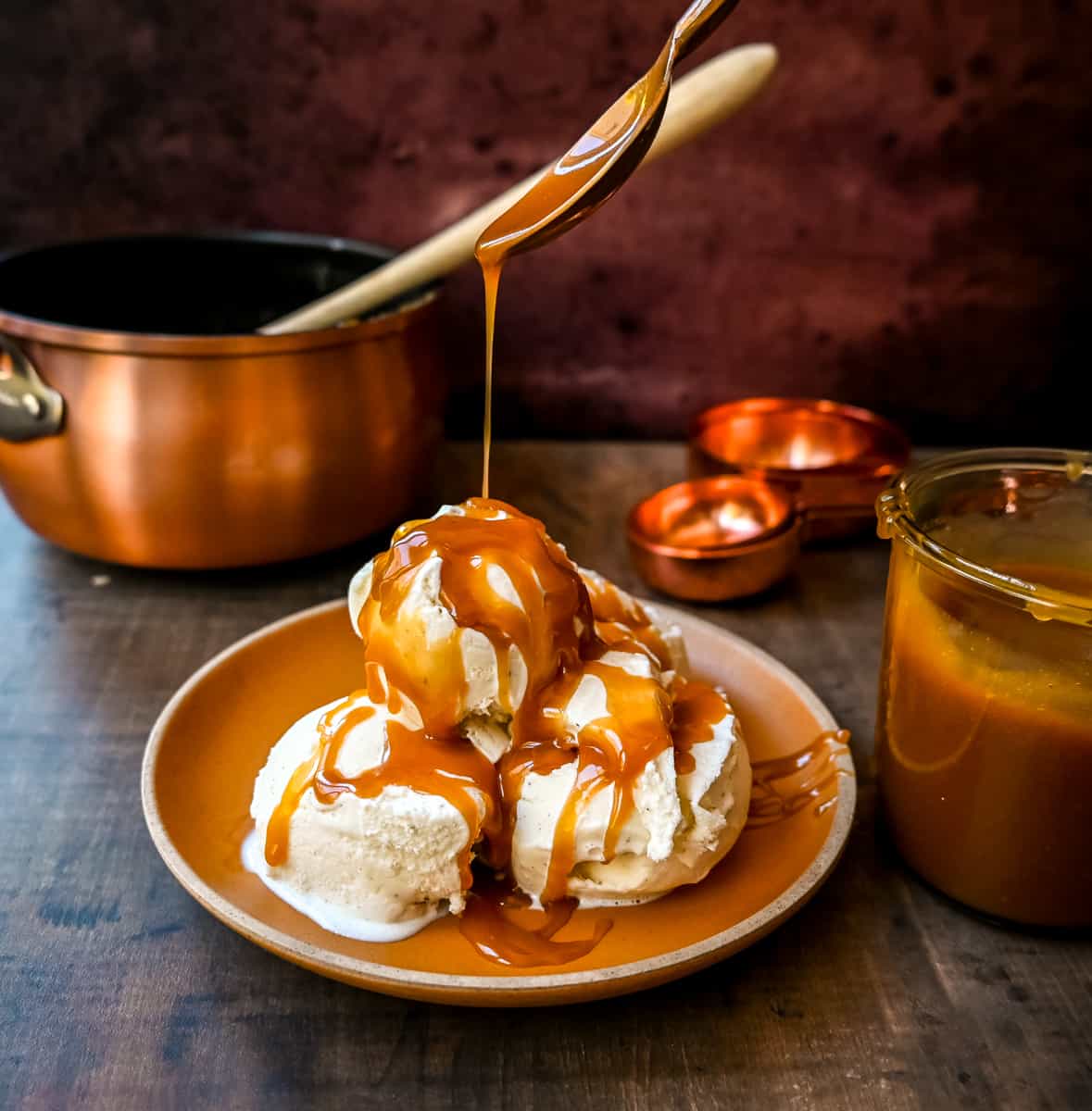 Easy Homemade Caramel Sauce on ice cream. How to make rich, creamy homemade caramel sauce with only four ingredients and a foolproof method. This is the easiest, most delicious caramel sauce recipe!