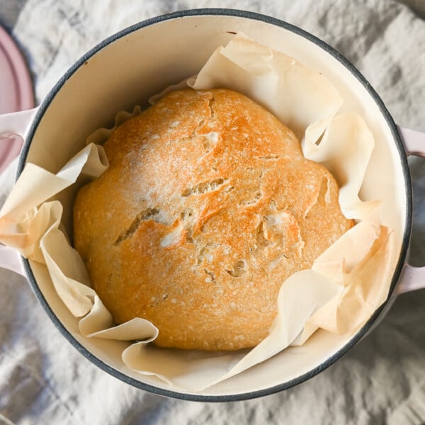No Knead Overnight Crusty Bread Recipe. This No Knead Bread is baked in a dutch oven and is the perfect crusty french bread recipe. This makes a beautiful artisan loaf of bread and is so easy! The only ingredients you need are flour, water, salt, and yeast for the perfect overnight crusty bread.