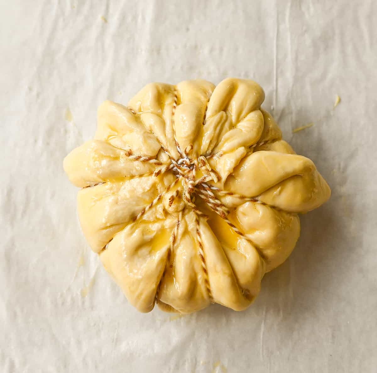 Pumpkin Shaped Baked Brie Puff Pastry wrapped in bakers twine
