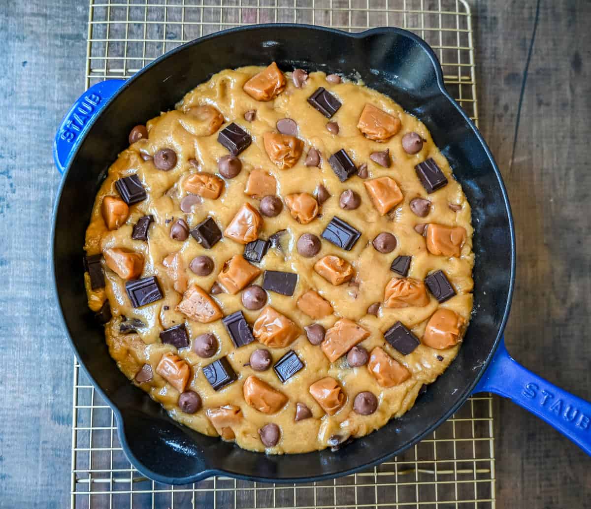 Salted Caramel Skillet Cookie Dough in Cast Iron Skillet