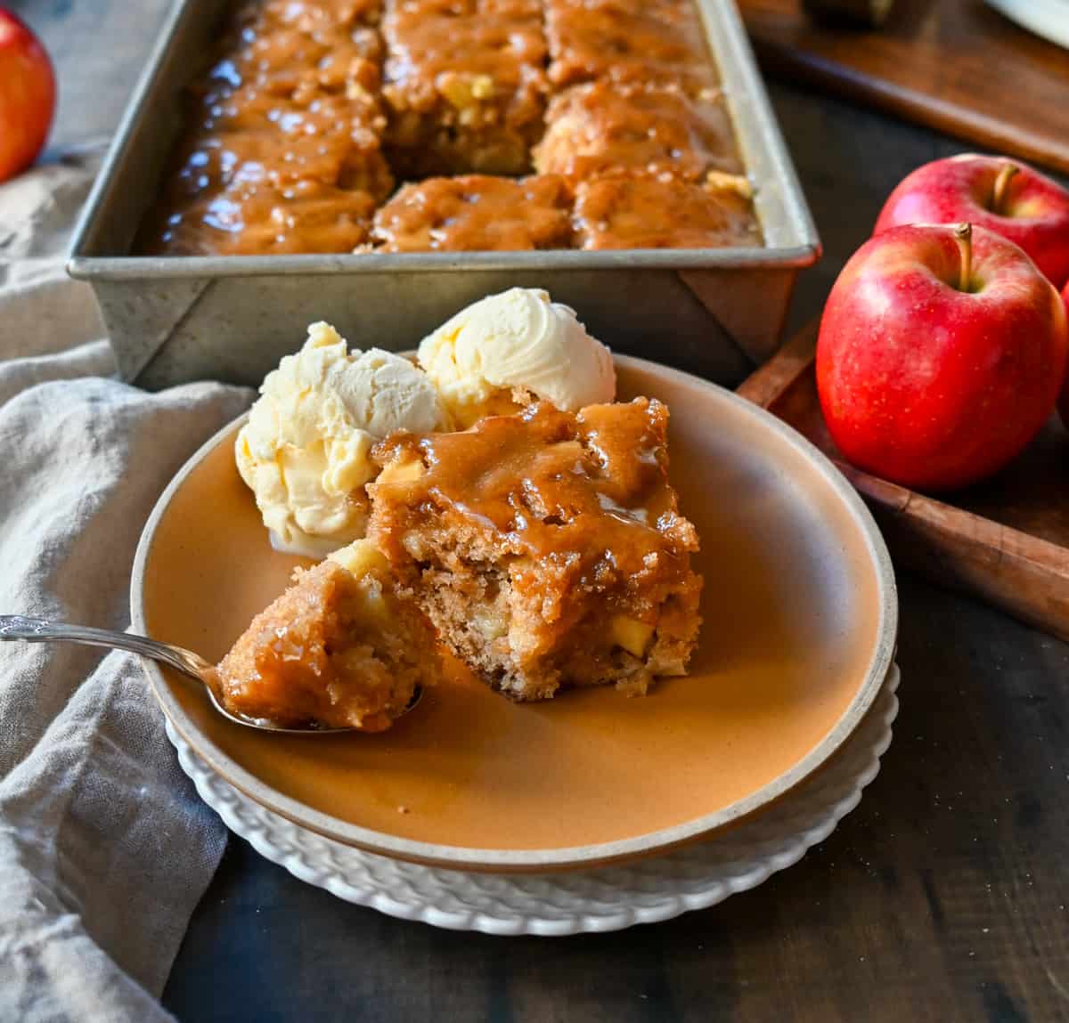 Apple Fritter Cake. Moist homemade apple fritter cake made with fresh apples with a brown sugar glaze. This is the best apple cake recipe and a perfect Fall dessert.