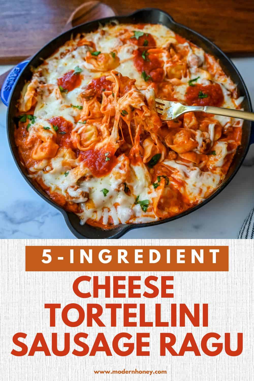 Cheese Tortellini with Sausage Ragu. This quick and easy 20 minute pasta bake is made with cheese tortellini in an Italian sausage ragu sauce and topped with cheesy melted mozzarella cheese. Everyone loves this easy pasta dinner made with only 5 ingredients!