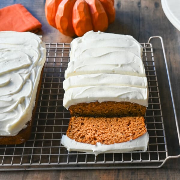 Frosted Pumpkin Loaf with Cream Cheese Frosting. Moist, soft pumpkin spice loaf topped with homemade cream cheese frosting. This frosted pumpkin bread is the perfect Fall treat.