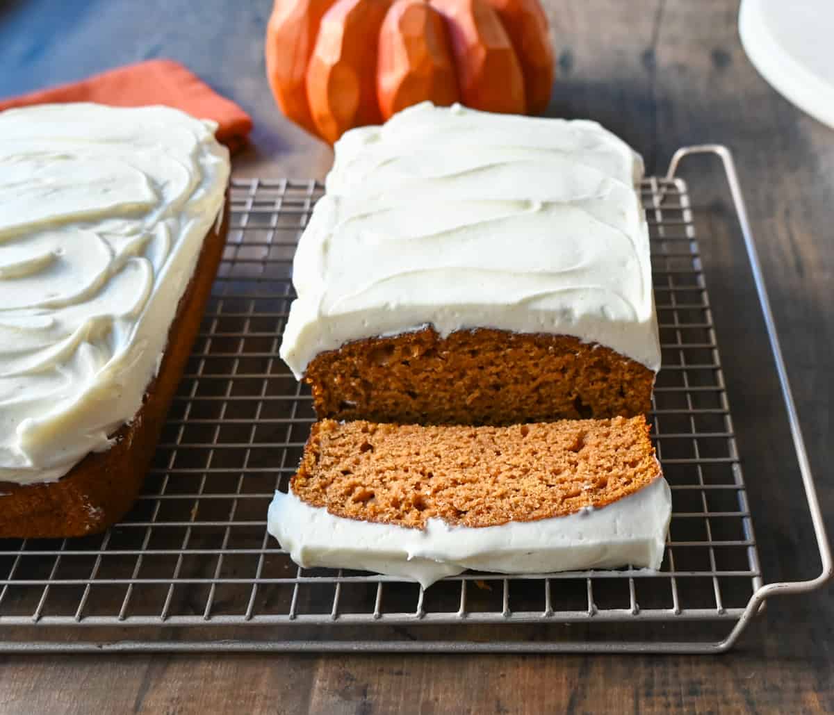 Frosted Pumpkin Loaf with Cream Cheese Frosting. Moist, soft pumpkin spice loaf topped with homemade cream cheese frosting. This frosted pumpkin bread is the perfect Fall treat.