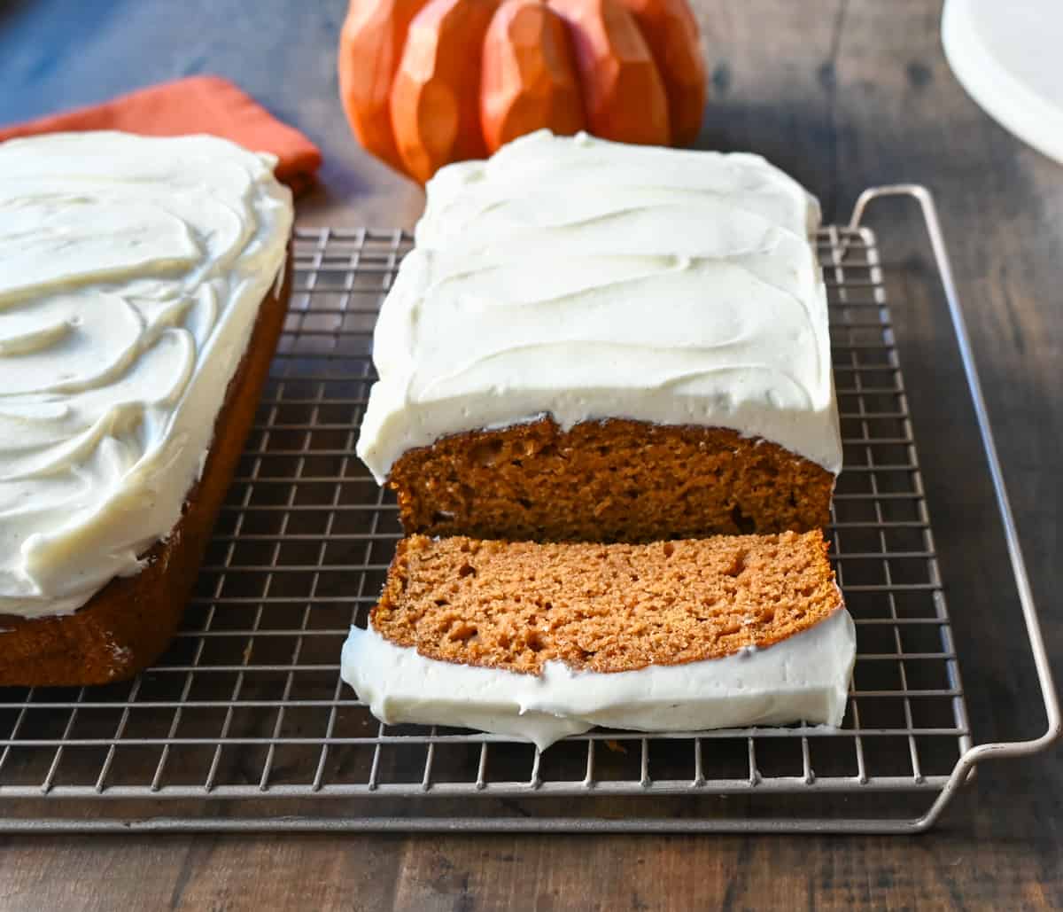 Frosted Pumpkin Loaf with Cream Cheese Frosting. Moist, soft pumpkin spice loaf topped with homemade cream cheese frosting. This frosted pumpkin bread is the perfect Fall treat.