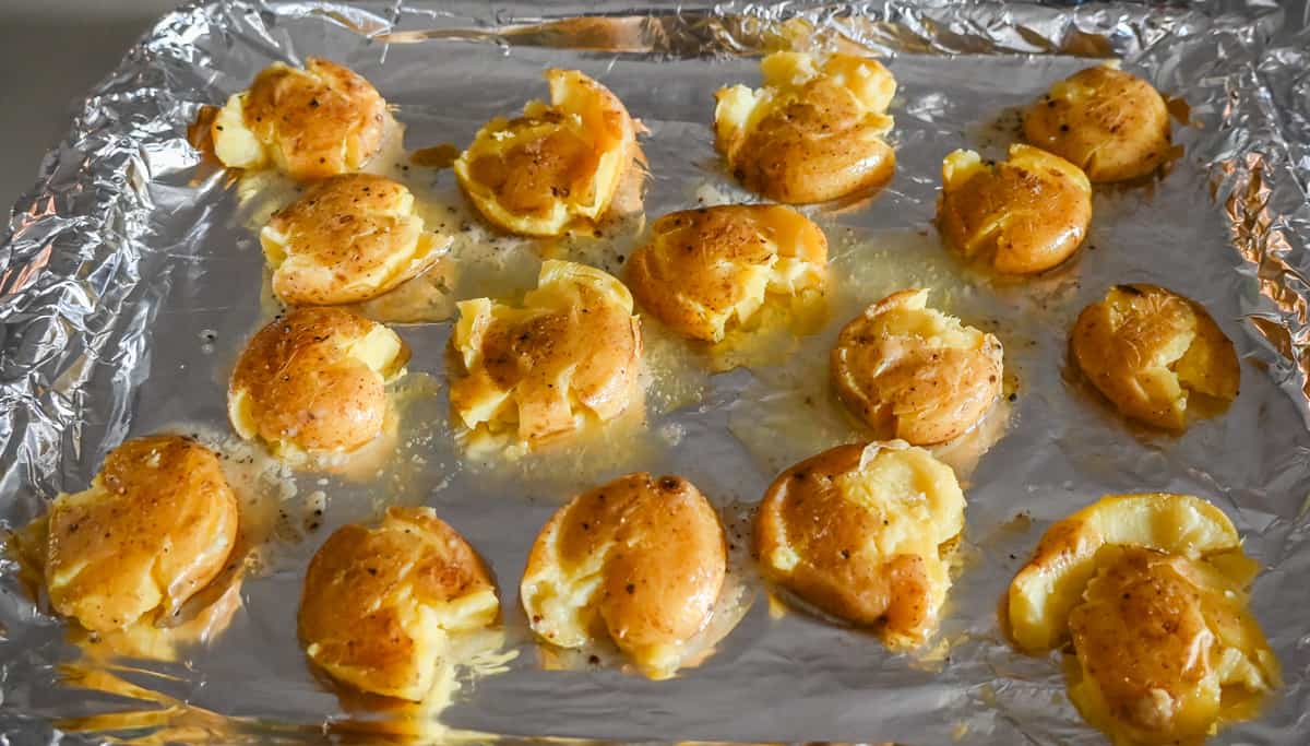 Smashed Potatoes on baking sheet