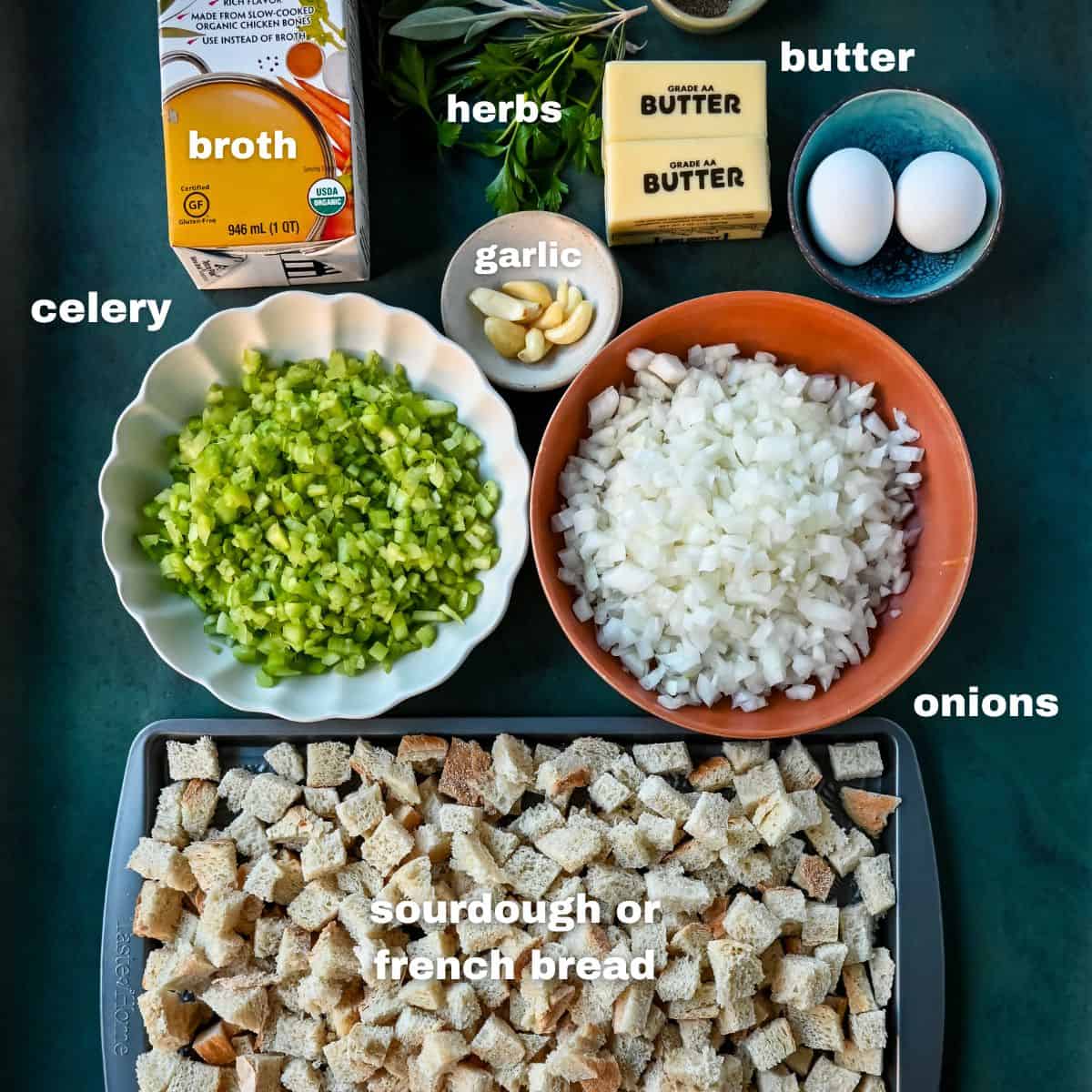 Classic Butter Herb Stuffing Ingredients. What ingredients to put in stuffing. How to make homemade stuffing.