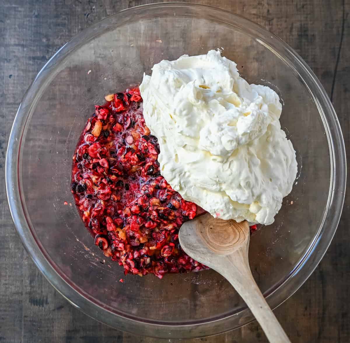 Cranberry Fluff Salad Cranberries and Whipped Cream in a bowl