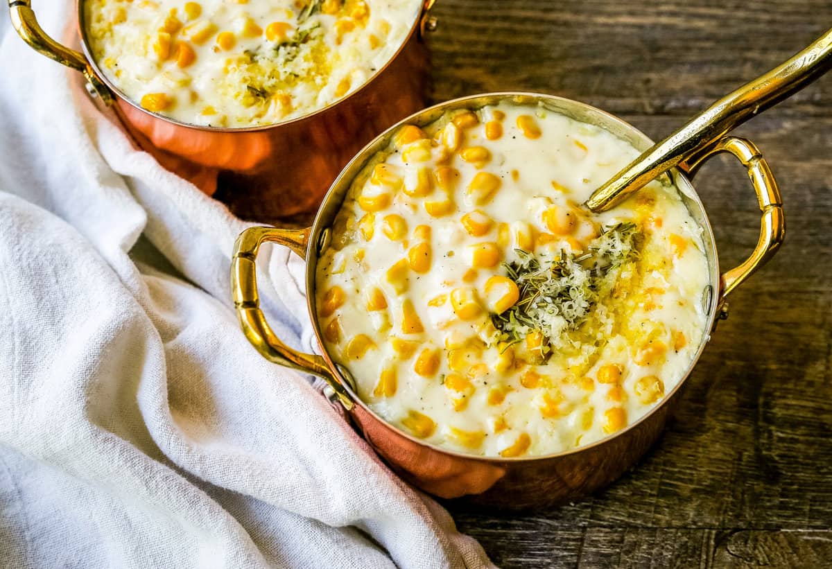 Creamed Corn is made with corn, fresh cream, butter, parmesan cheese, and salt. This is the best creamed corn recipe! We serve this every Thanksgiving and it is the most popular side dish at the table.