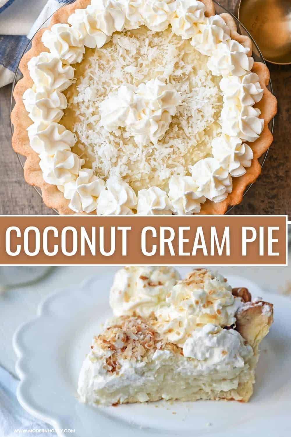 This Coconut Cream Pie is made with a homemade coconut custard filling in a buttery pie crust topped with fresh whipped cream and toasted coconut. This is the famous Dahlia Bakery's secret coconut cream pie recipe.