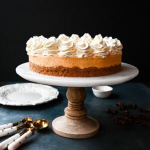 No-Bake Pumpkin Cheesecake. Creamy, smooth pumpkin cheesecake filling in a buttery graham cracker crust topped with whipped cream. This easy, no-bake dessert is perfect for Fall or Thanksgiving gatherings.