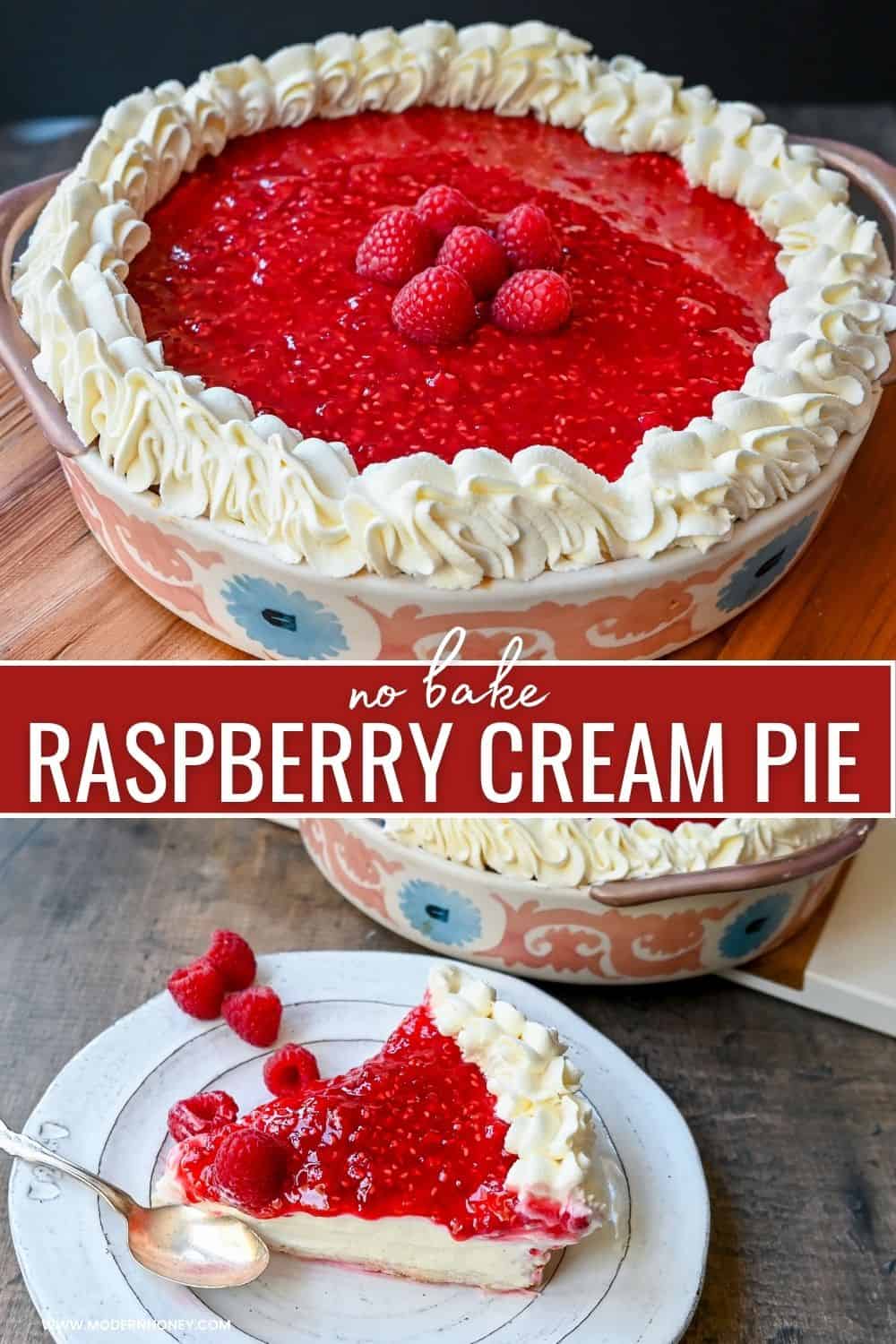 This Homemade Raspberry Cream Pie is made with a sweet luscious cream cheese filling and topped with a homemade raspberry sauce all in a homemade crust. This No-Bake Raspberry Cream Cheese Pie will become one of your absolute favorites!