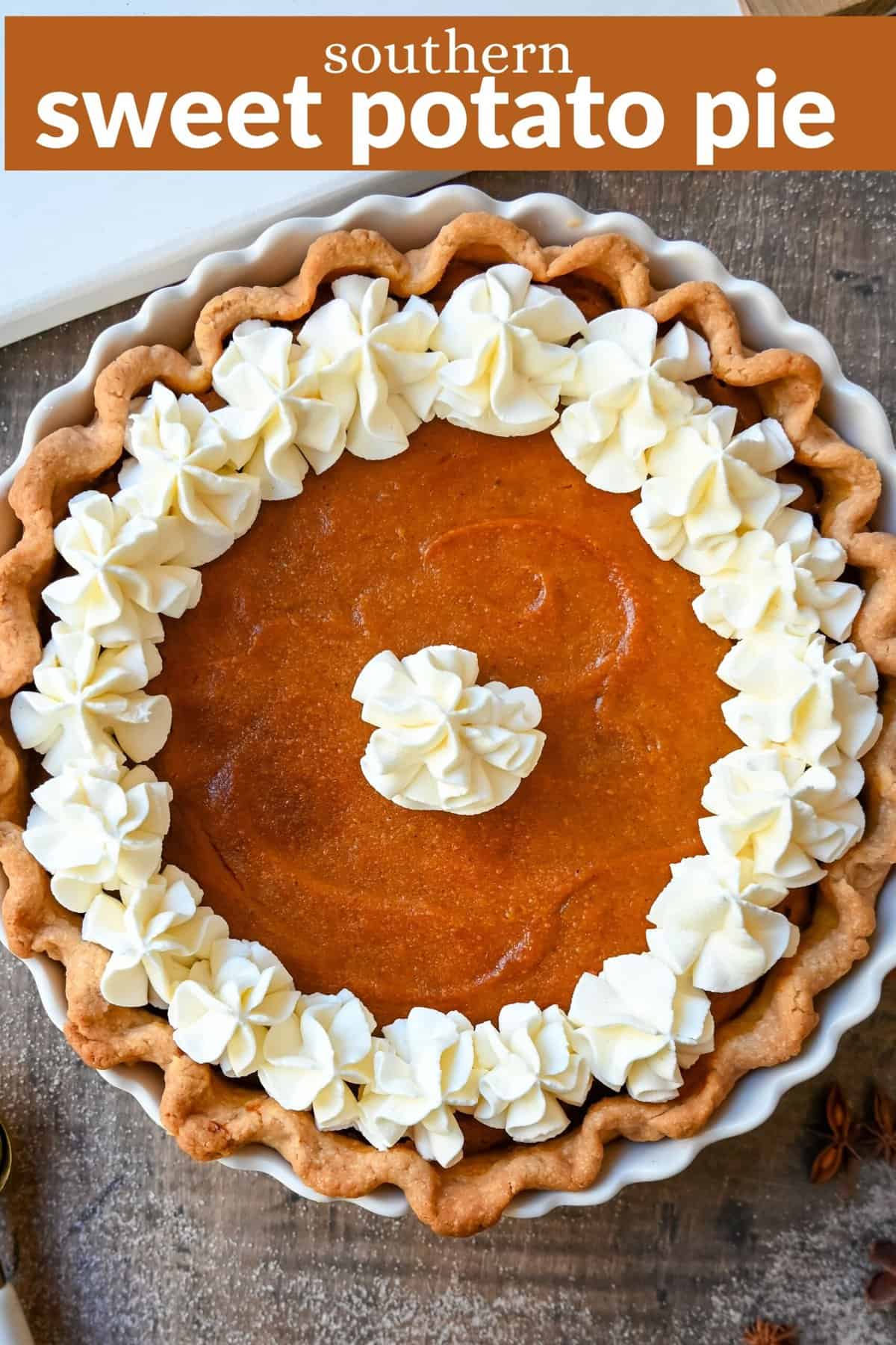 This Southern Sweet Potato Pie has the creamiest, spiced brown sugar sweet potato filling in a buttery crust and topped with fresh whipped cream. This is the perfect Fall and Thanksgiving dessert.