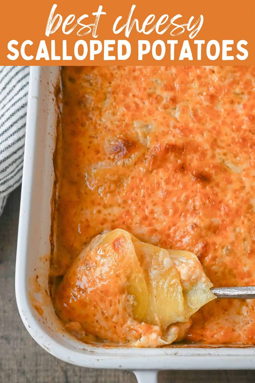 Cheesy Scalloped Potatoes. These creamy, cheesy scalloped potatoes are the perfect side dish and are made with thinly sliced potatoes, a decadent bechamel sauce, and layers upon layers of cheese and baked until melted and bubbly.
