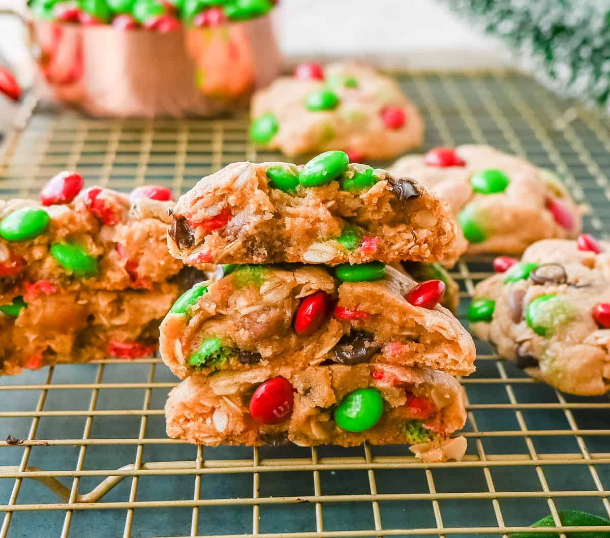 Christmas Monster Cookies. These popular, soft, thick, and chewy Christmas Monster Cookies are made with oats, peanut butter, chocolate chips, and holiday red and green M & M's. They are an easy Christmas cookie that can be made in minutes.