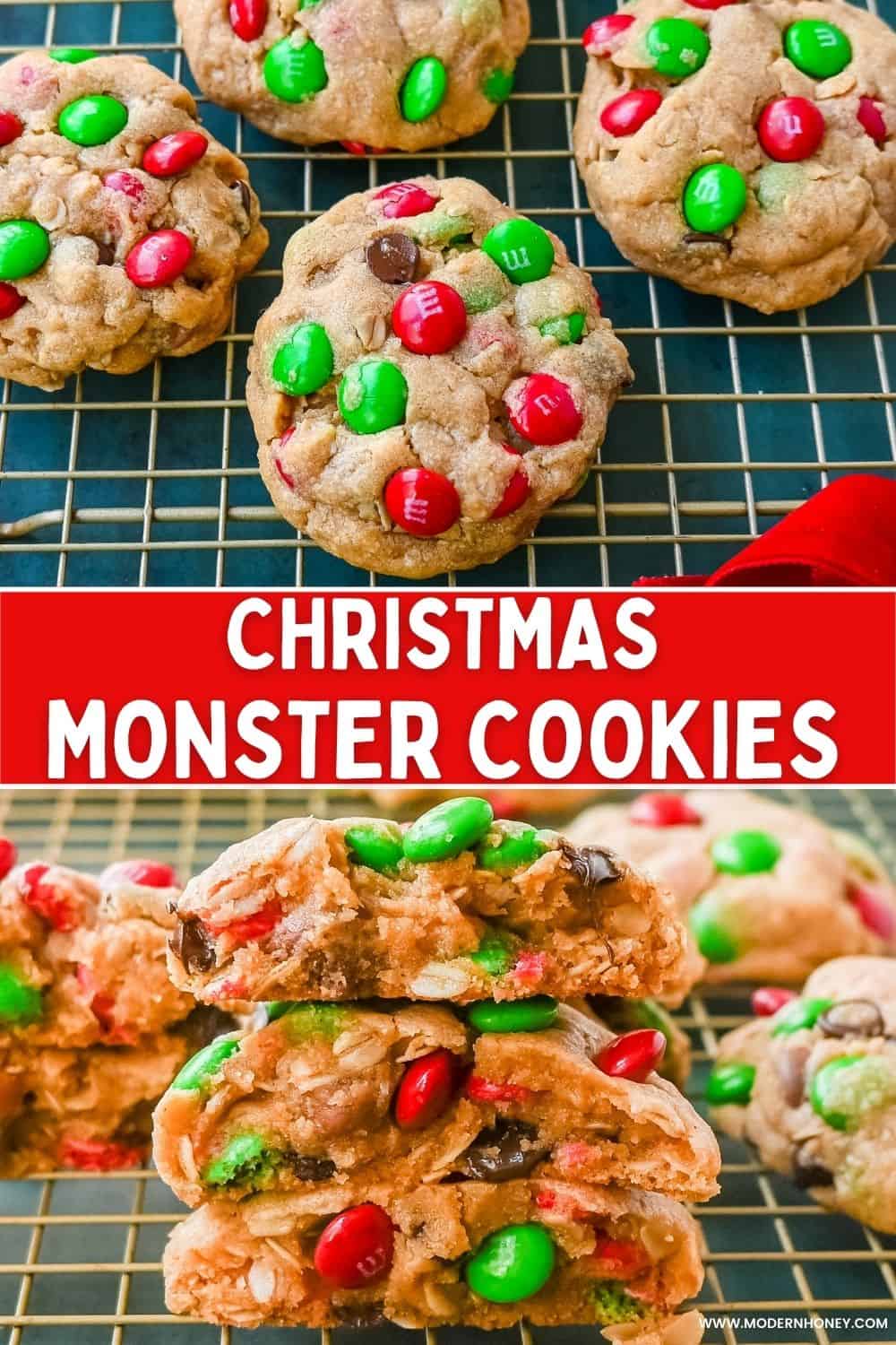 Christmas Monster Cookies. These popular, soft, thick, and chewy Christmas Monster Cookies are made with oats, peanut butter, chocolate chips, and holiday red and green M & M's. They are an easy Christmas cookie that can be made in minutes.