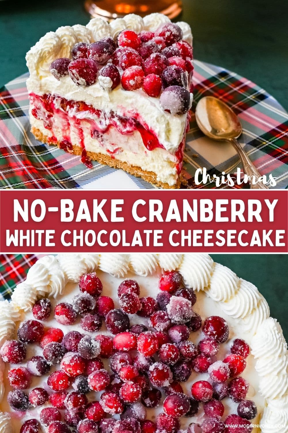 Christmas No-Bake Cranberry White Chocolate Cheesecake. This is a beautiful Christmas Cranberry Cheesecake perfect for the holidays. This no-bake white chocolate cheesecake has a graham cracker crust, white chocolate cream cheese filling, topped with homemade cranberry jam, sugared cranberries, and whipped cream.