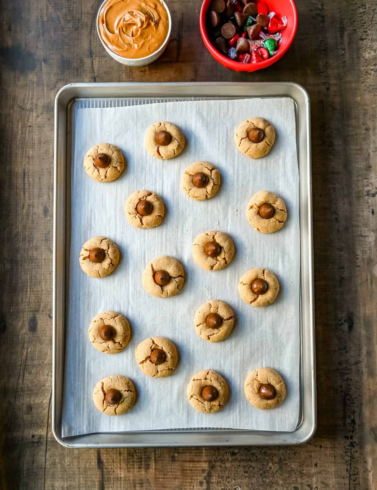 Peanut Butter blossoms Cookies baked on a cookie sheet