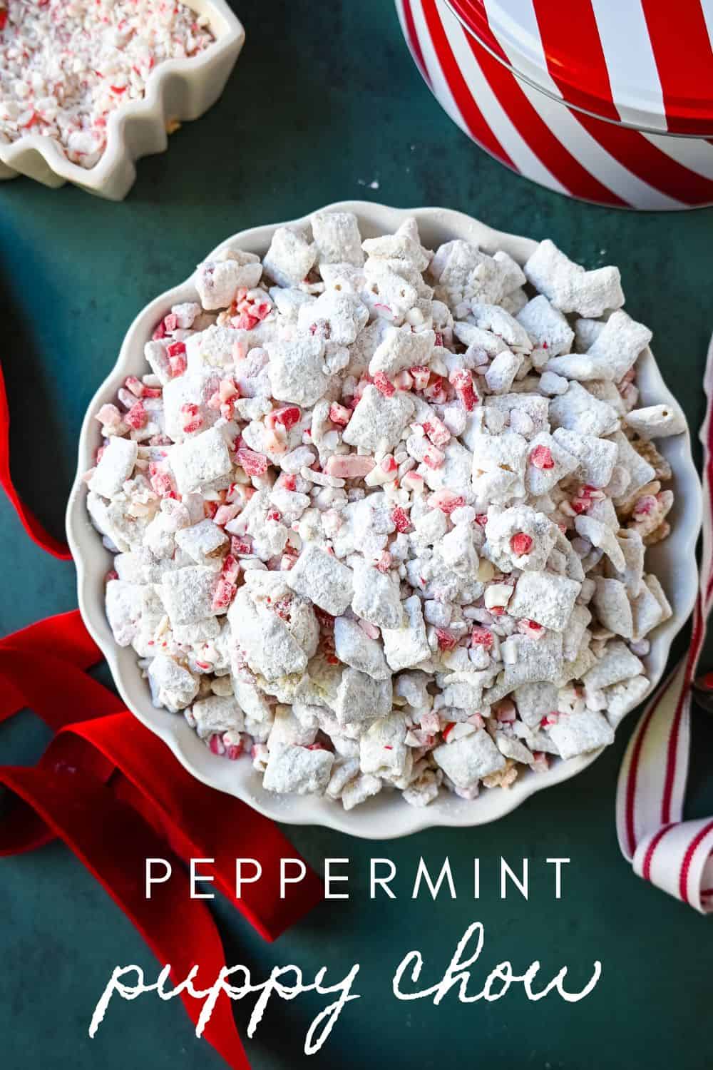 Peppermint Puppy Chow, also known as Peppermint Muddy Buddies, Peppermint Chex Mix, or Peppermint Bark Muddy Buddies, is a festive and addictive holiday treat. It is a variation of the classic Muddy Buddies, but is made with Rice Chex cereal, white chocolate, peppermint bark or candy canes, and powdered sugar. An easy Christmas treat recipe.