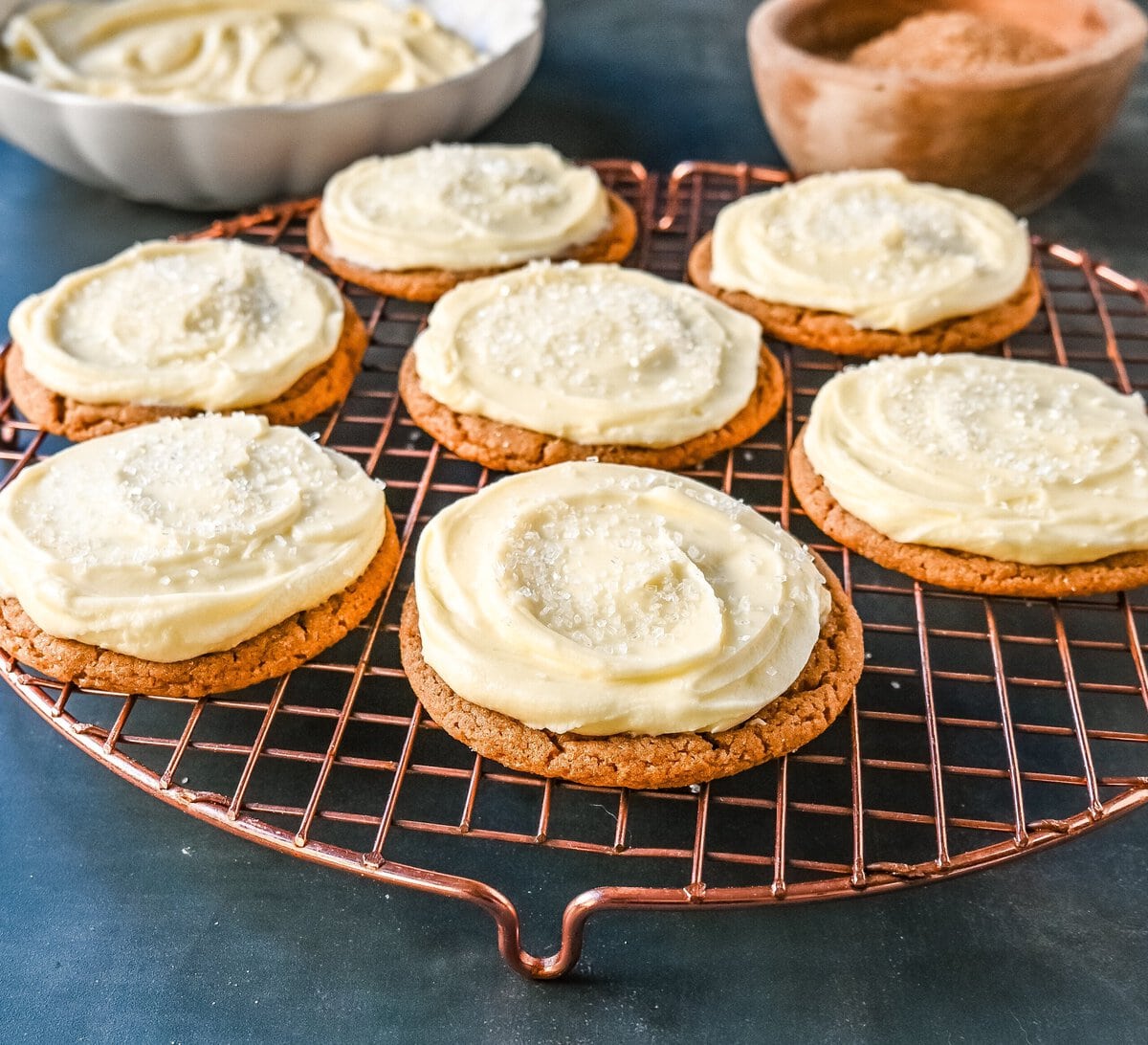 Soft Gingerbread Cookies with Cream Cheese Frosting. These Frosted Molasses Ginger Cookies are the perfect Christmas Cookie. Soft in the center with the perfect crisp edges. The sweet cream cheese frosting pairs perfectly with the spiced gingerbread cookie. This is a quintessential Christmas cookie recipe that gets rave reviews!