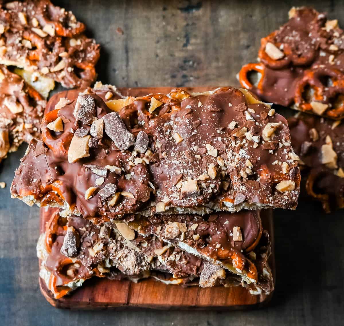 Toffee Pretzel Christmas Crack. This is Christmas Crack but even better! This homemade chocolate toffee bark is made with crunchy pretzels, soft buttery toffee, rich chocolate, and Heath bar chocolate toffee bits. This is a super easy Christmas crack recipe and perfect to share around the holidays.