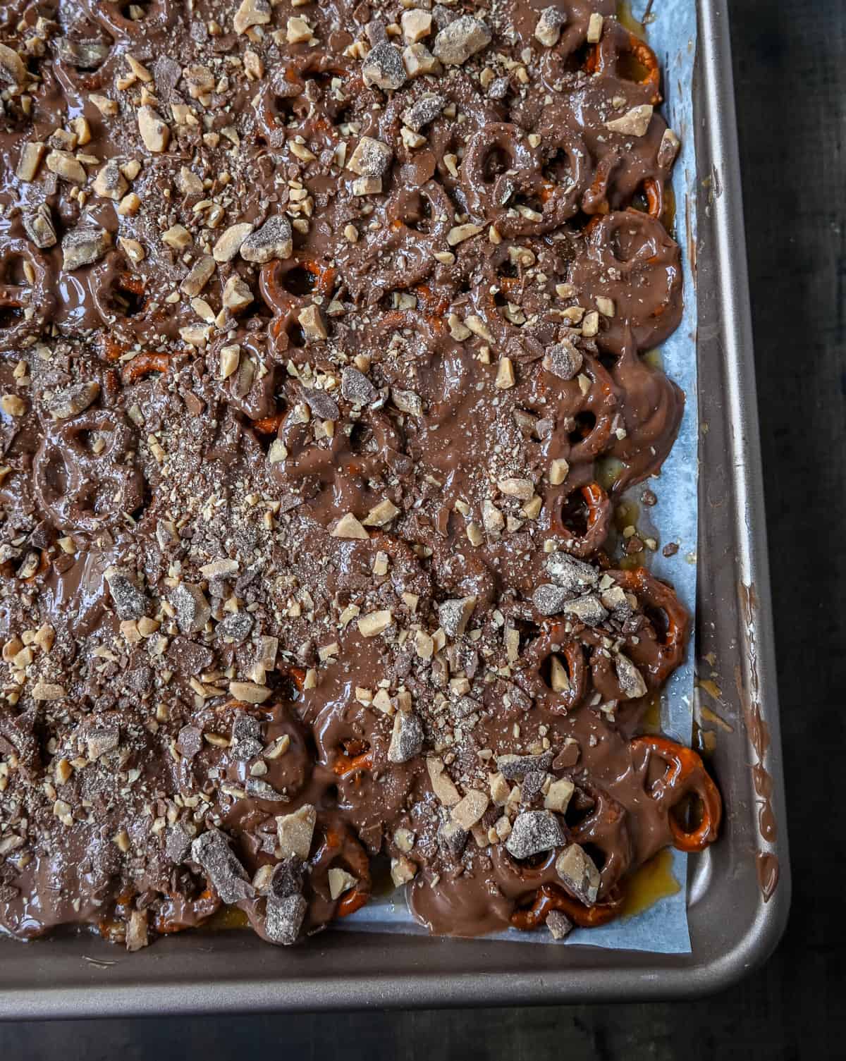 Toffee Pretzel Christmas Crack with heath bar bits