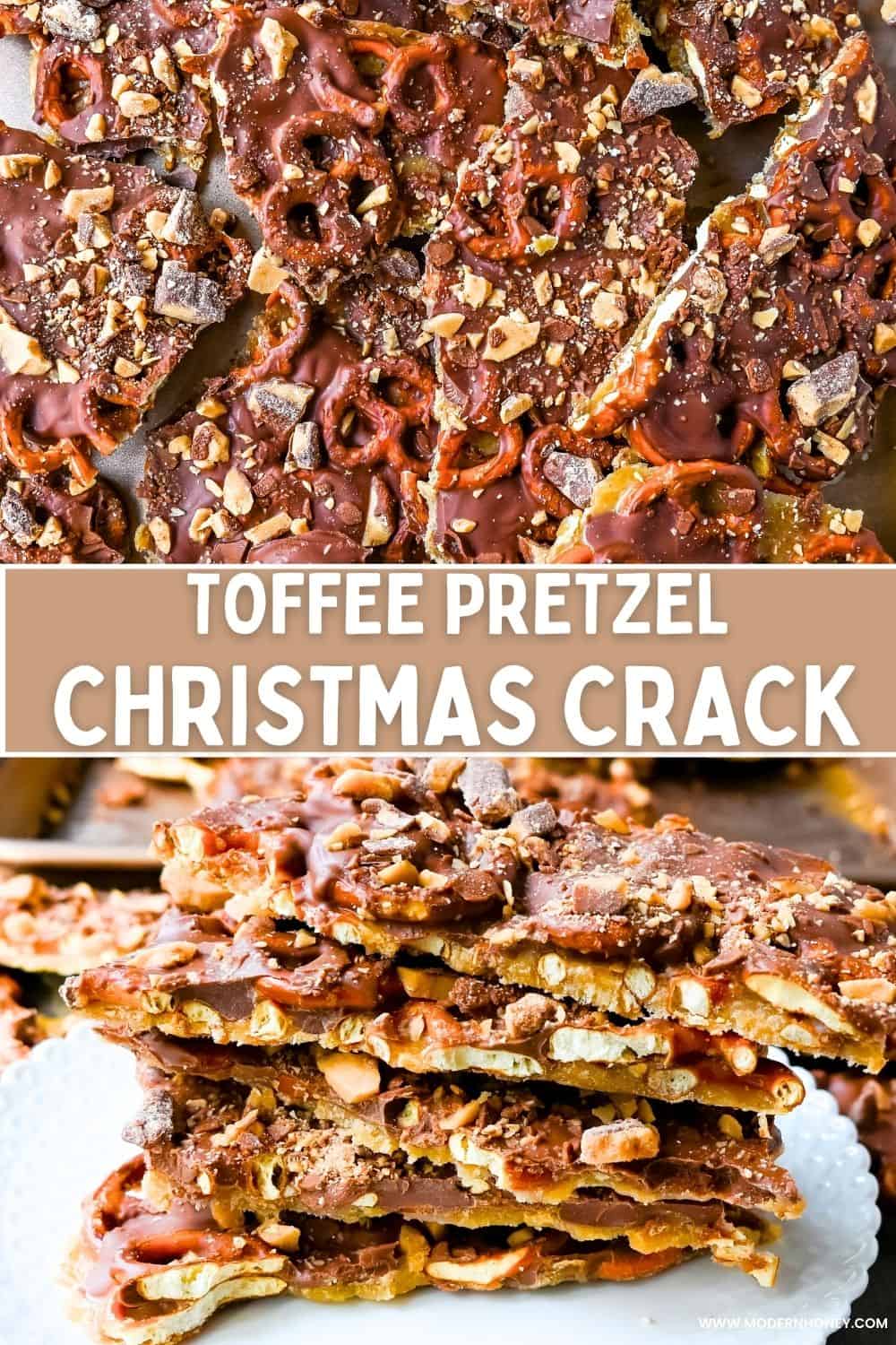 Toffee Pretzel Christmas Crack. This is Christmas Crack but even better! This homemade chocolate toffee bark is made with crunchy pretzels, soft buttery toffee, rich chocolate, and Heath bar chocolate toffee bits. This is a super easy Christmas crack recipe and perfect to share around the holidays.