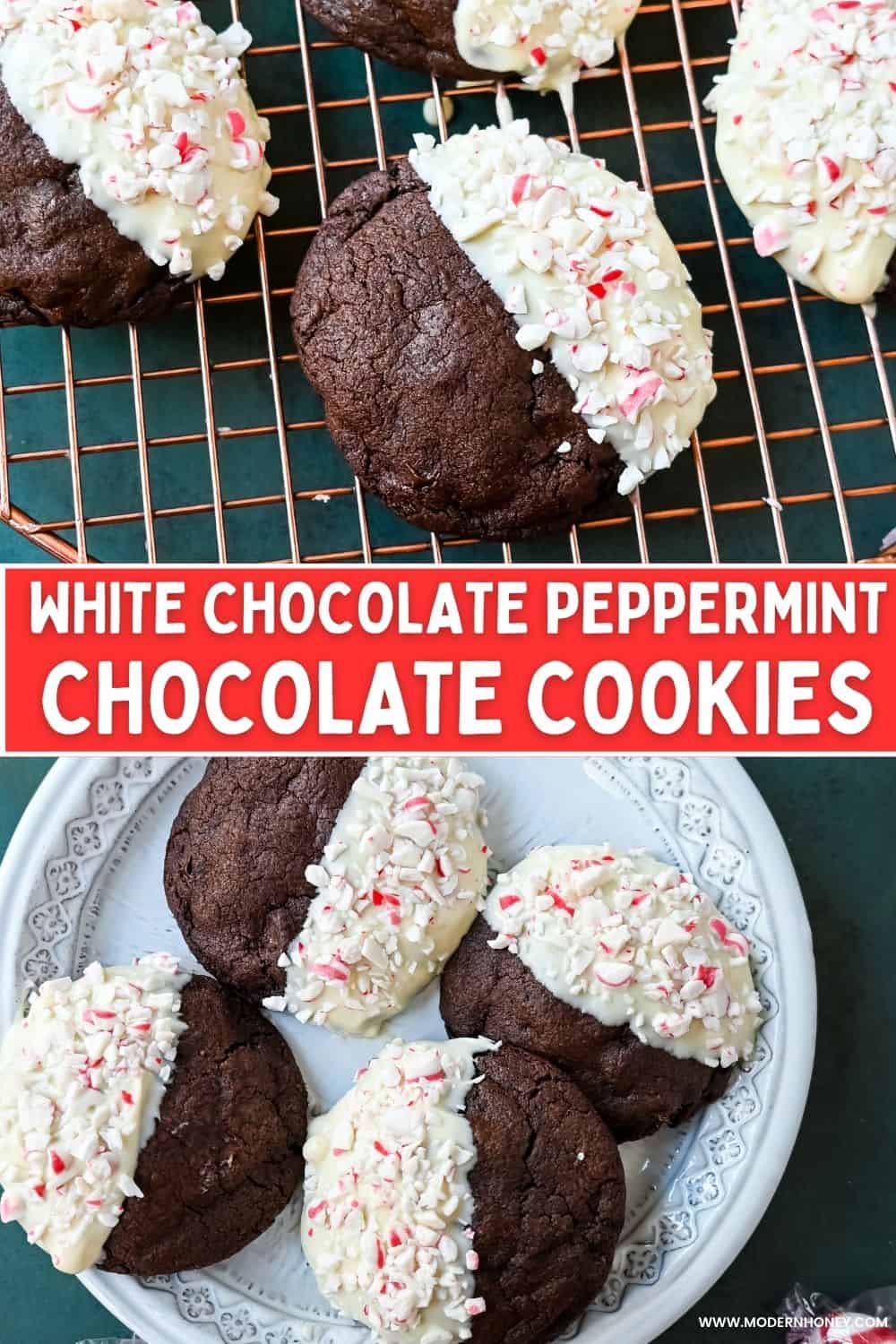 White Chocolate Dipped Peppermint Chocolate Cookies. The Double Chocolate Peppermint Cookies are soft baked, rich double chocolate brownie cookies dipped in white chocolate and covered with peppermint candy canes. The perfect Christmas holiday cookie recipe.