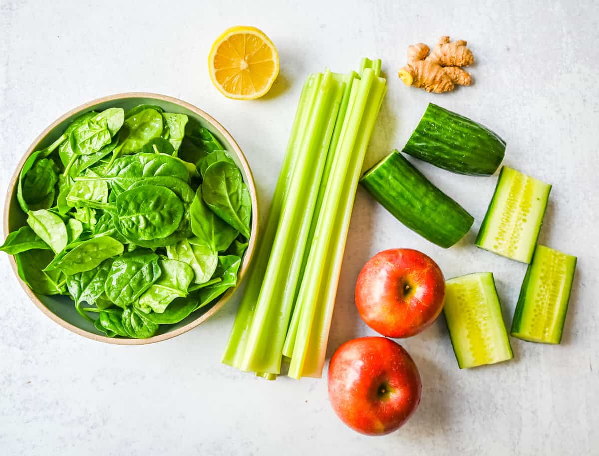 Green Juice Ingredients Celery Spinach Apple Cucumber Lemon Ginger