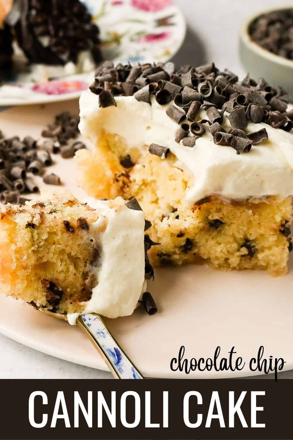 Cannoli Sheet Cake. A light and fluffy yellow chocolate chip cake topped with a sweet ricotta cream topping and mini chocolate chips. All of the flavor of a cannoli in a delicious cake.