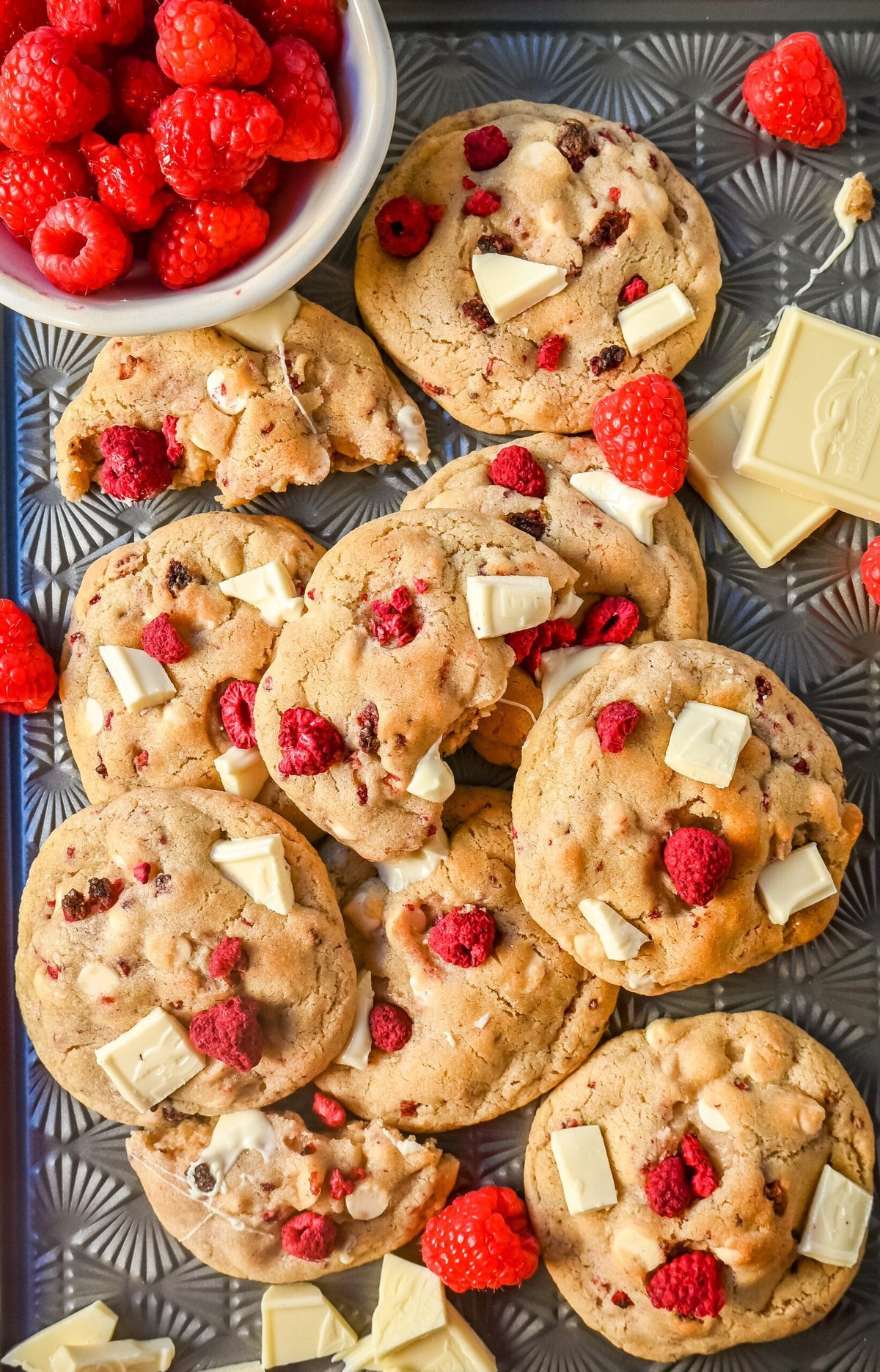 White Chocolate Raspberry Cookies. Soft and chewy raspberry white chocolate cookies made with freeze dried raspberries and creamy white chocolate. These are the best bakery-style white chocolate raspberry cookies!